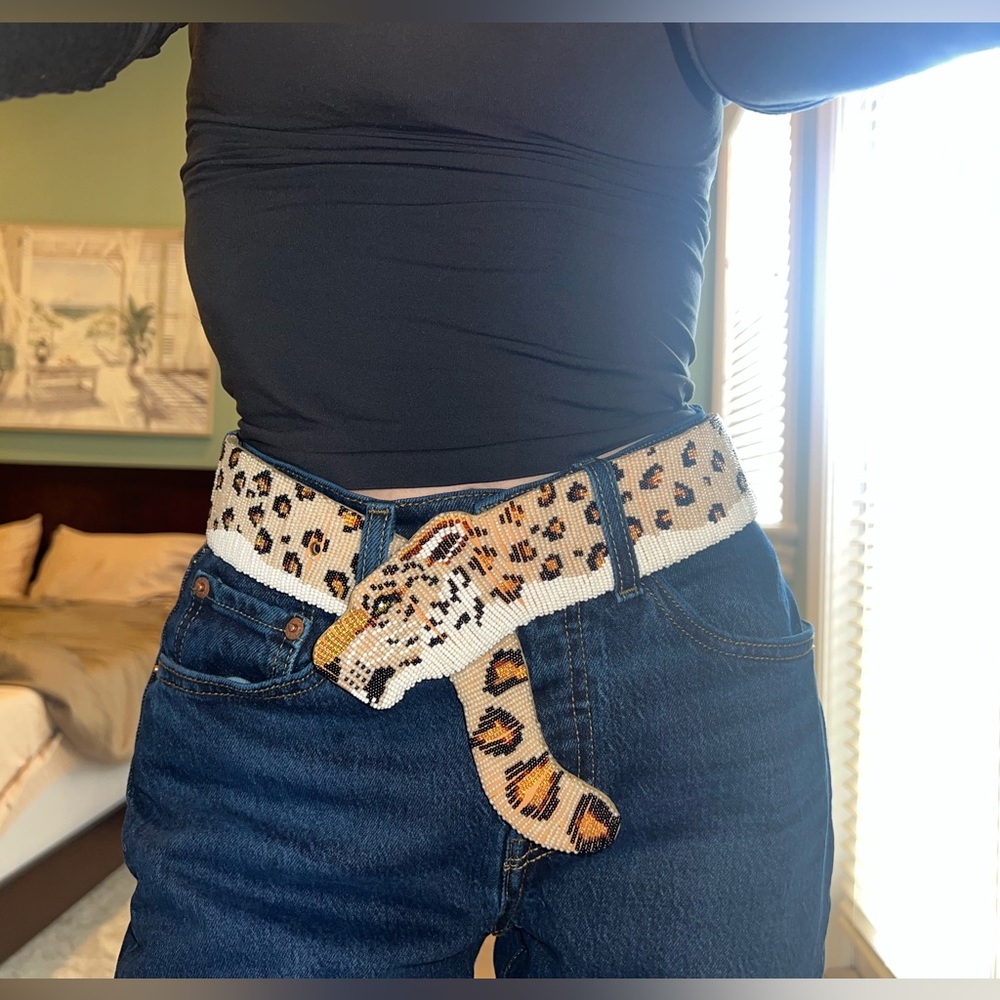 Free People Beaded Leopard Print Belt in White, Brown, Black